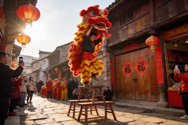 街头舞狮表演热闹非凡图片