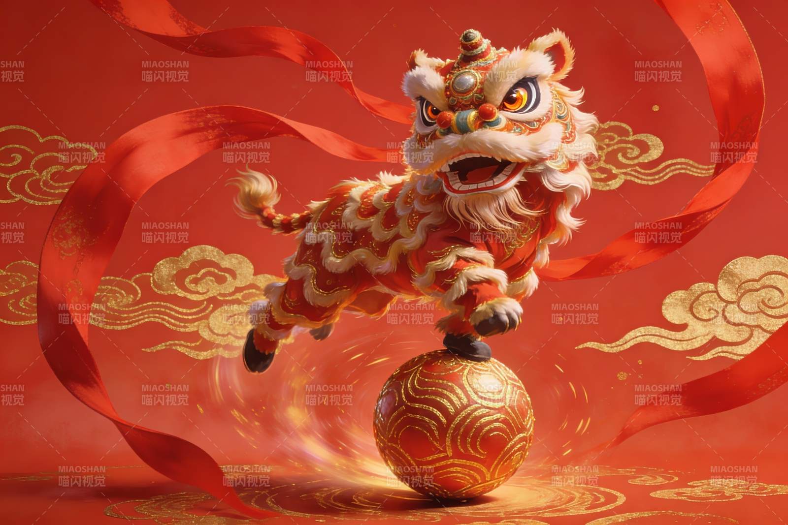 红色背景舞狮球上表演图片