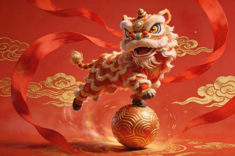 红色背景舞狮球上表演图片