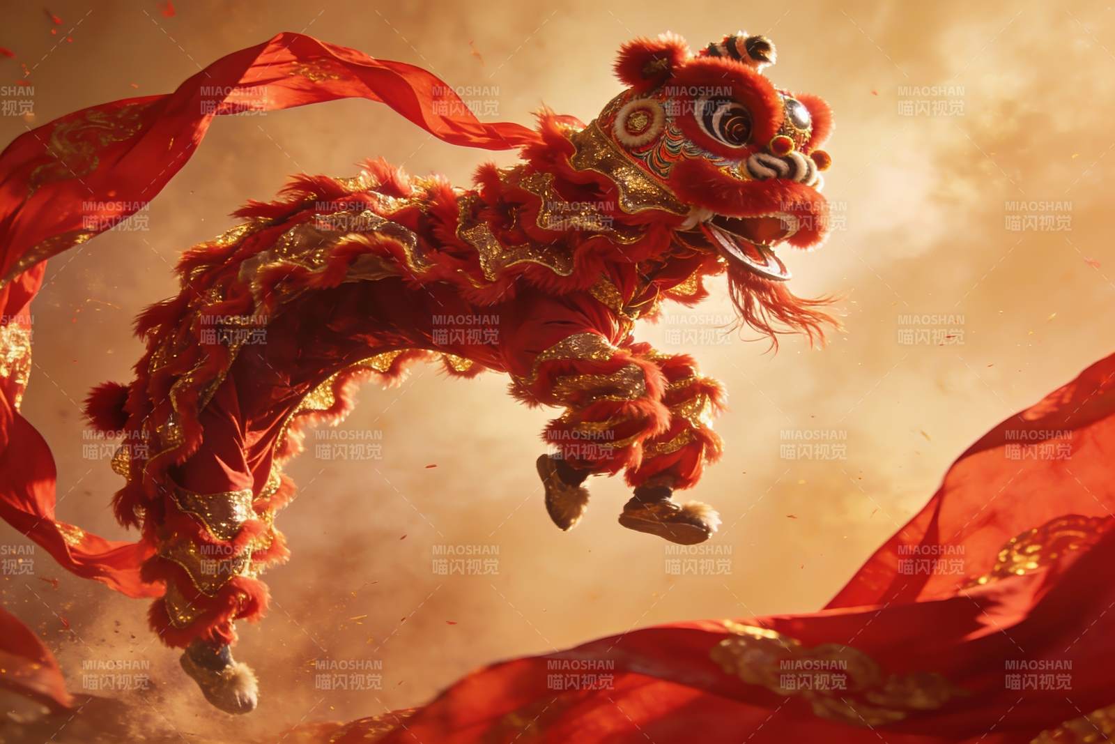 红色舞狮空中飞跃表演图片