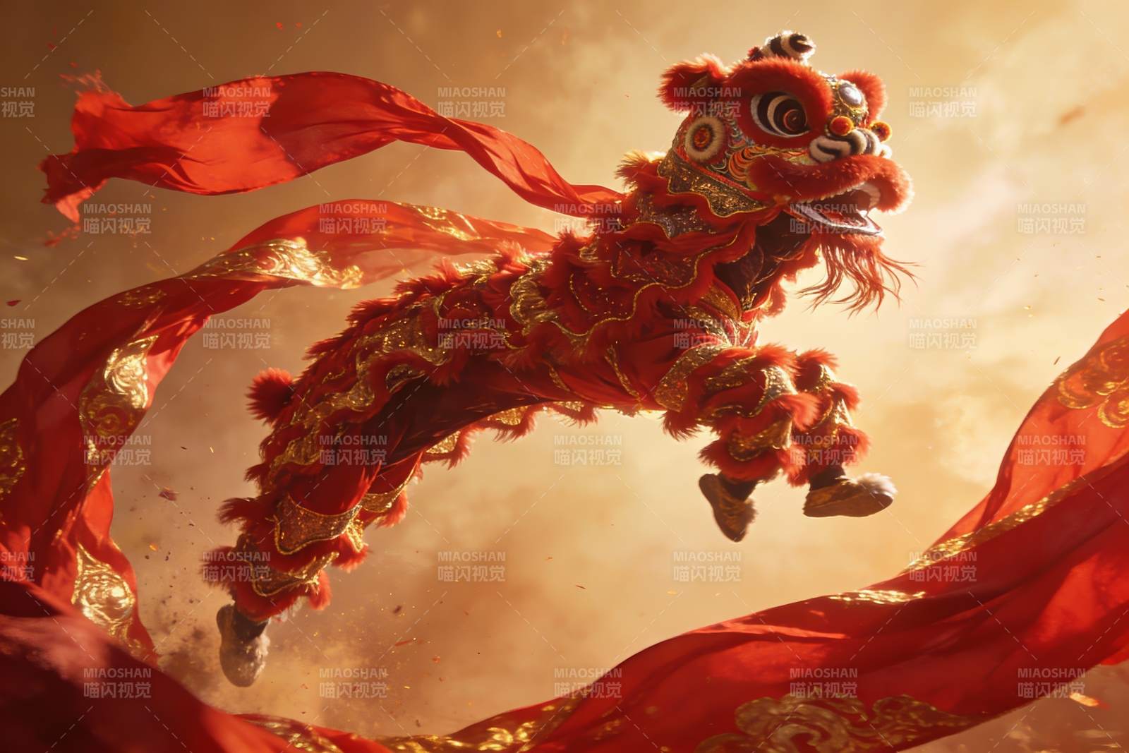 红色舞狮空中飞跃表演图片