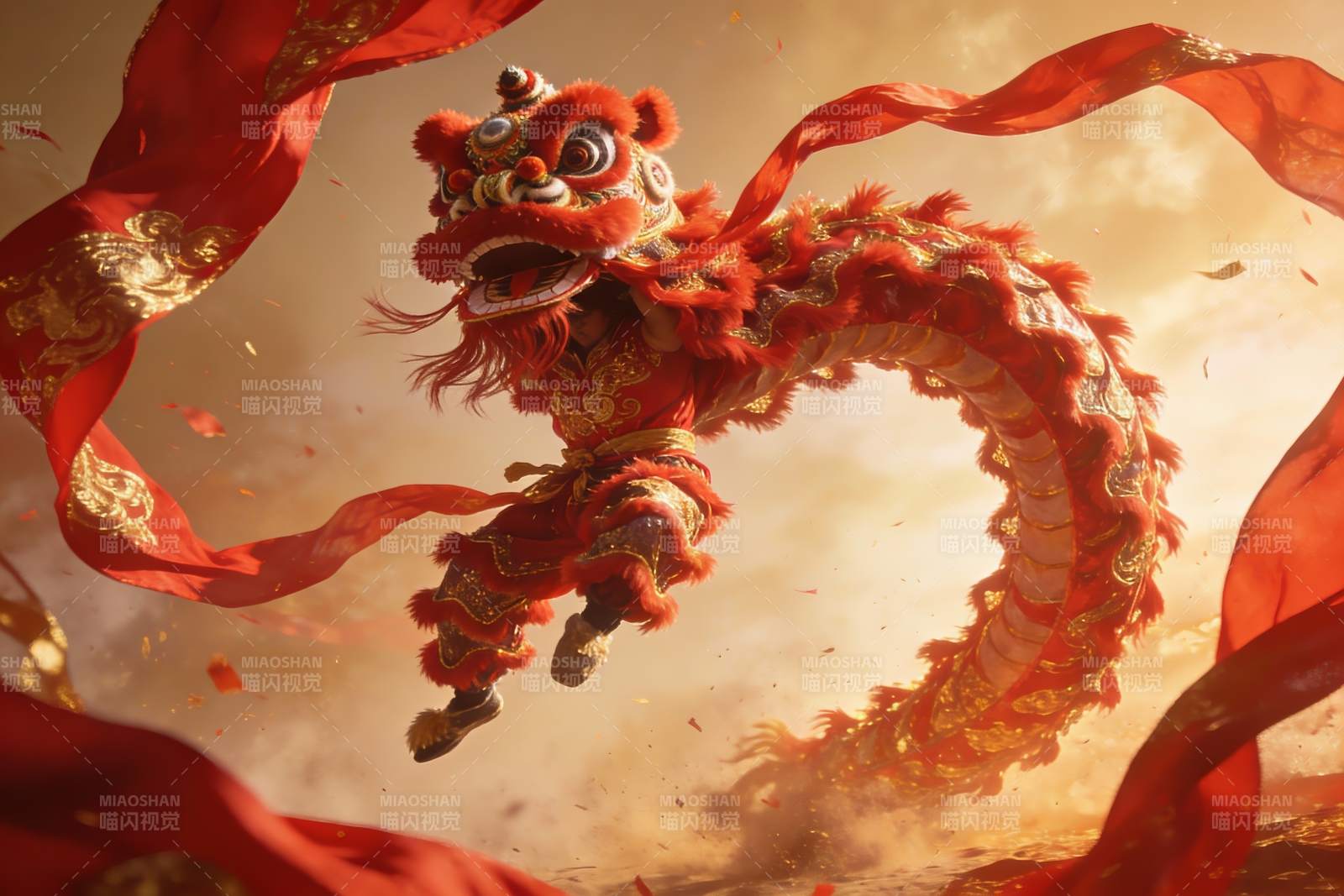 红色舞狮腾空跃起图片