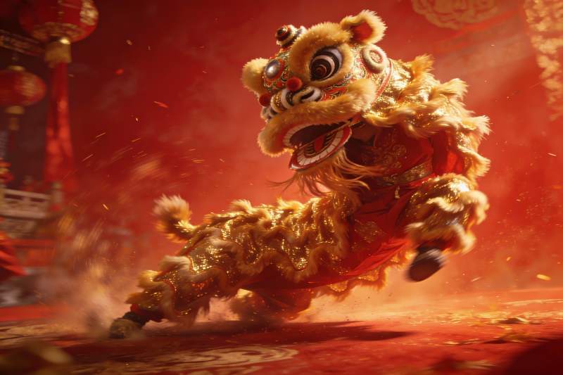 金色舞狮表演震撼登场图片