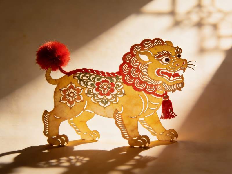 光影中的传统狮子剪纸艺术图片