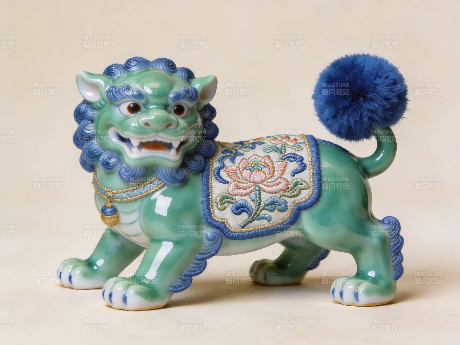 青釉绣花狮子摆件图片