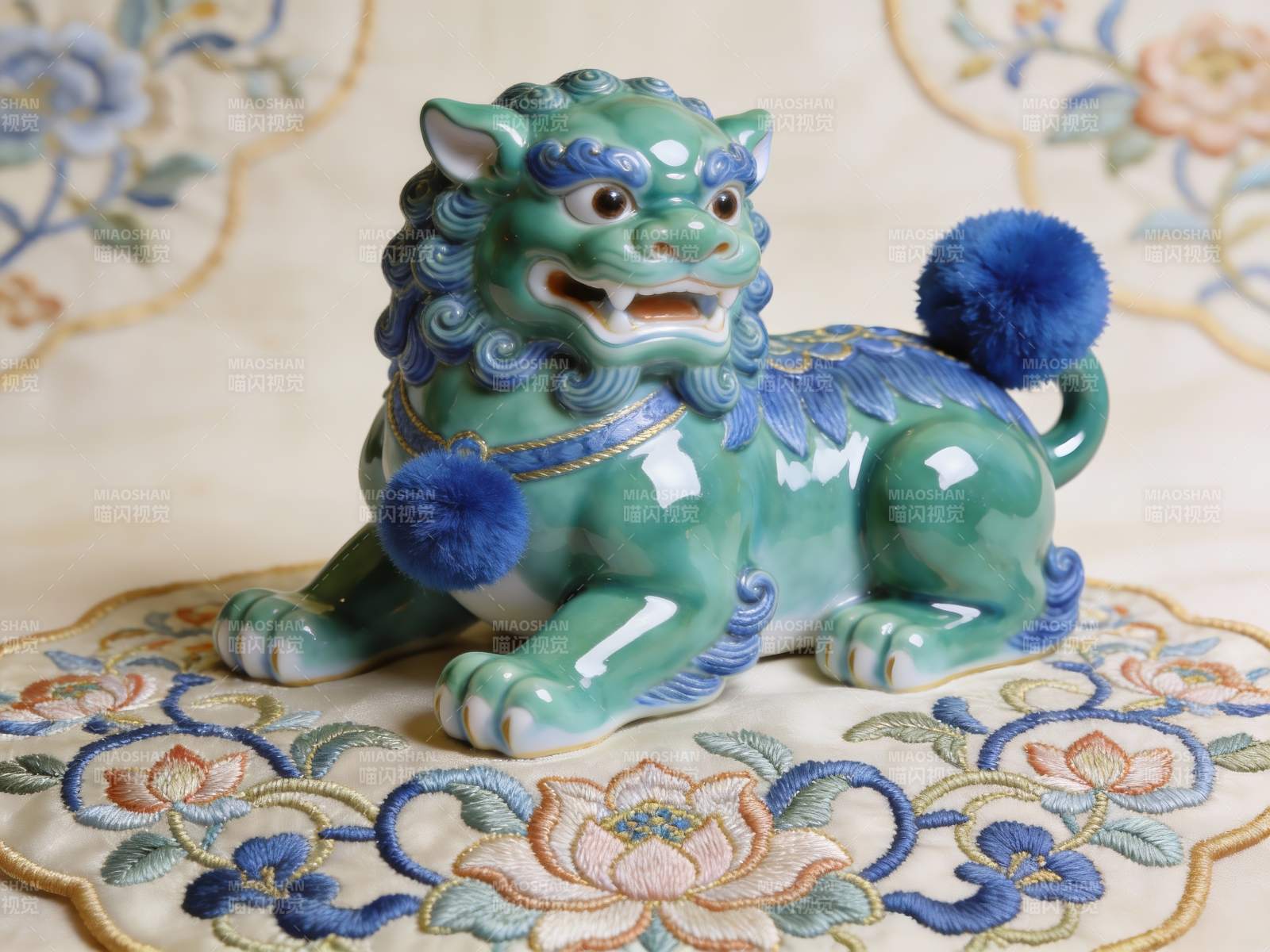 青花瓷狮子摆件特写图片