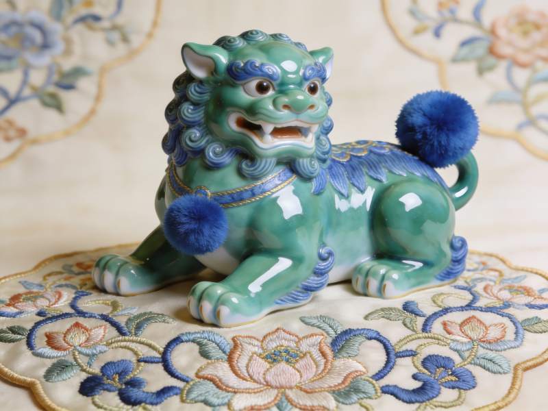 青花瓷狮子摆件特写图片