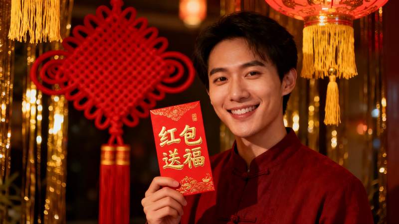 男子手持红包庆祝节日图片