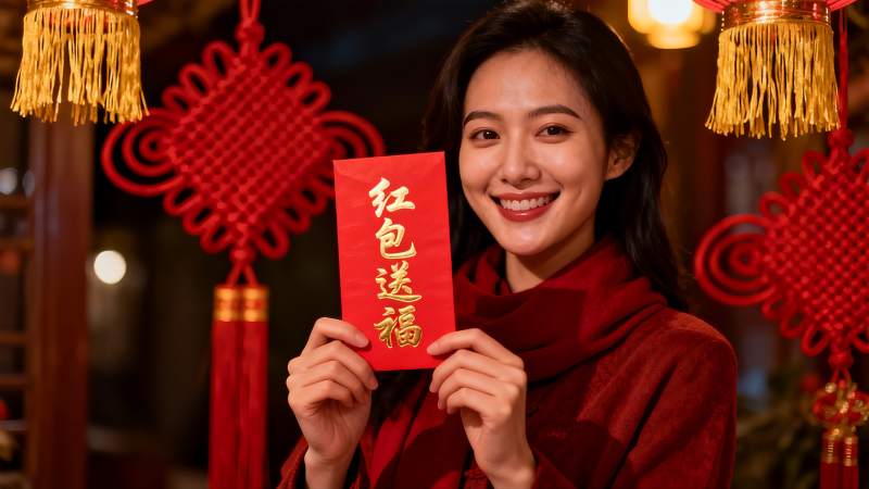 女子手持红包喜庆迎新年图片