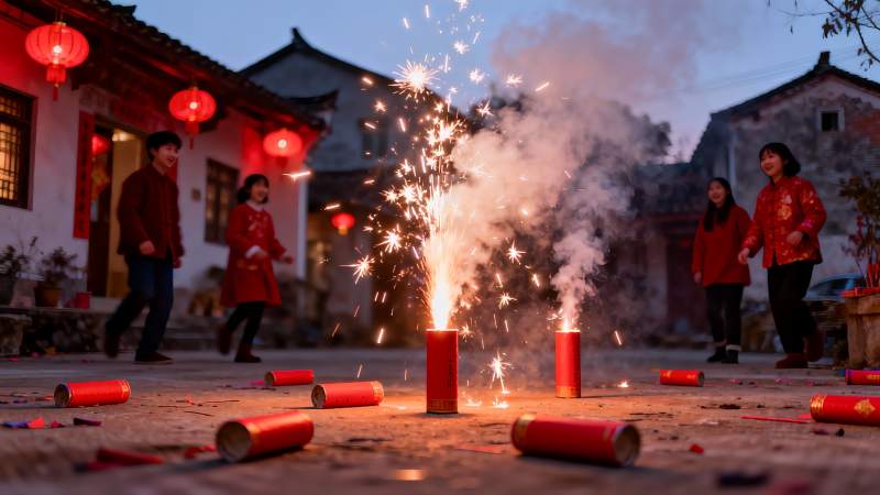 除夕夜庭院燃放烟花庆祝场景图片