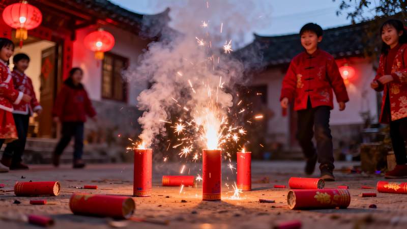 孩童燃放鞭炮欢庆节日图片