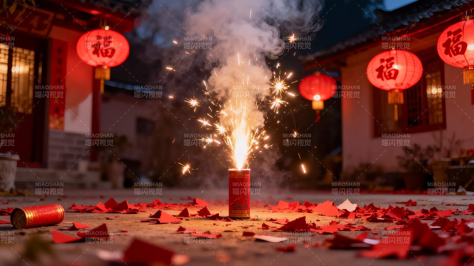 夜景庭院烟花绽放红灯笼高挂图片