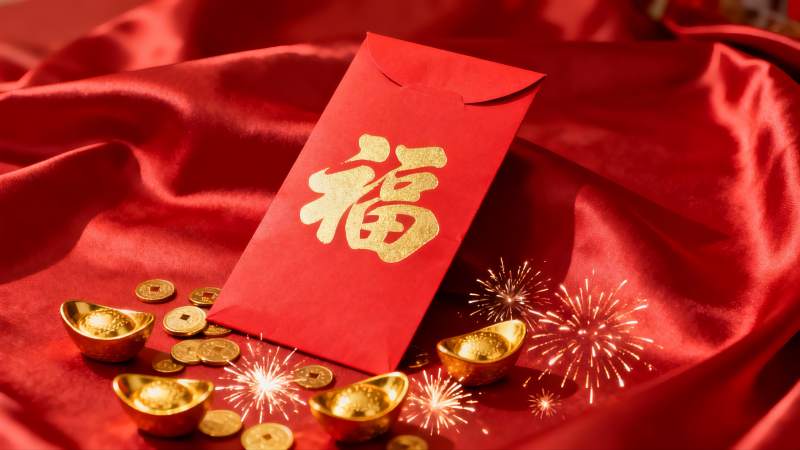 红色红包与金色元宝烟花图片