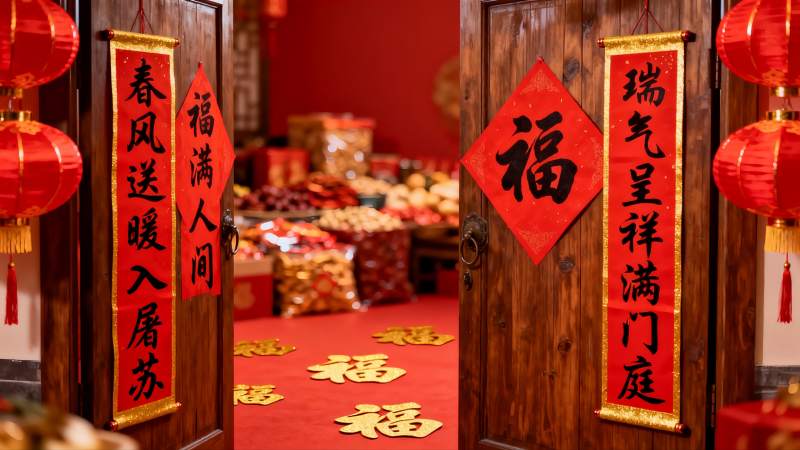 春节装饰木门红灯笼图片