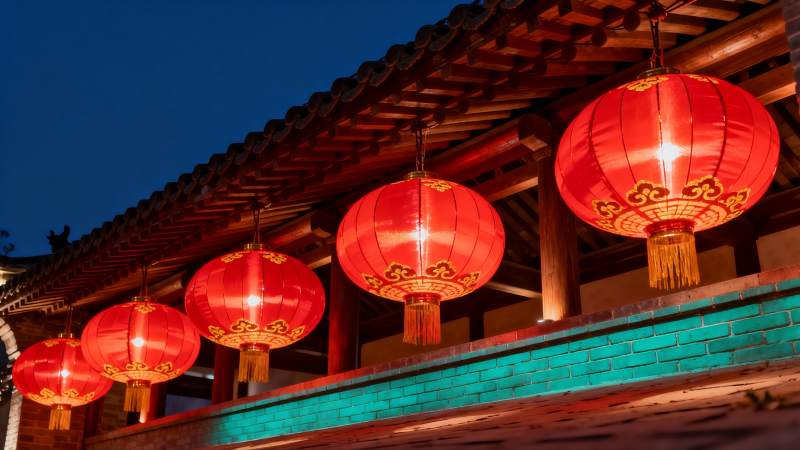 古建筑夜景红灯笼图片