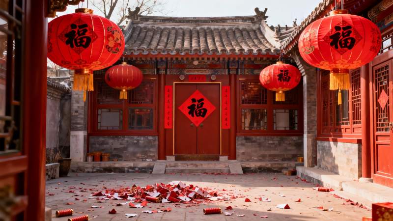 中式庭院挂红灯笼庆佳节图片