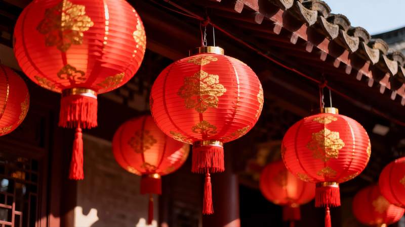 红灯笼挂檐下迎新春图片