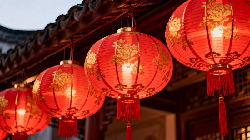 古建筑前悬挂的红色灯笼图片