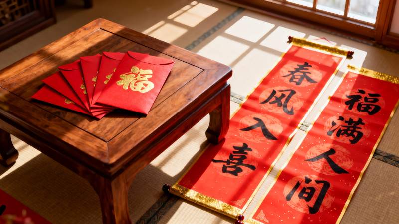 春节室内装饰红纸春联红包图片