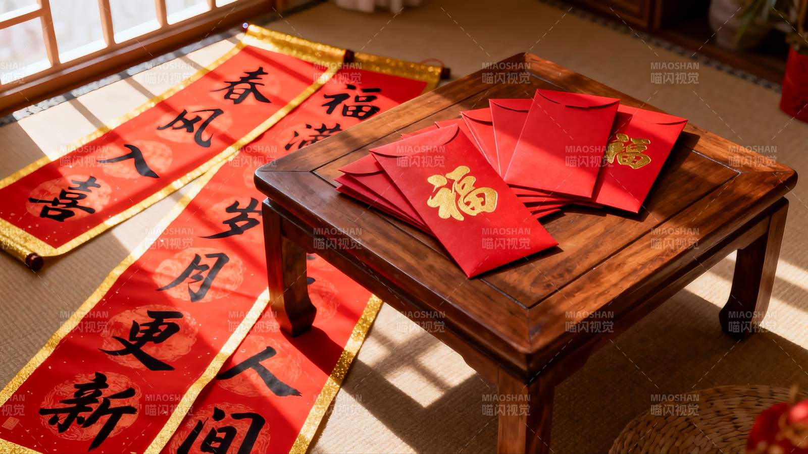 春节室内装饰红纸与红包图片