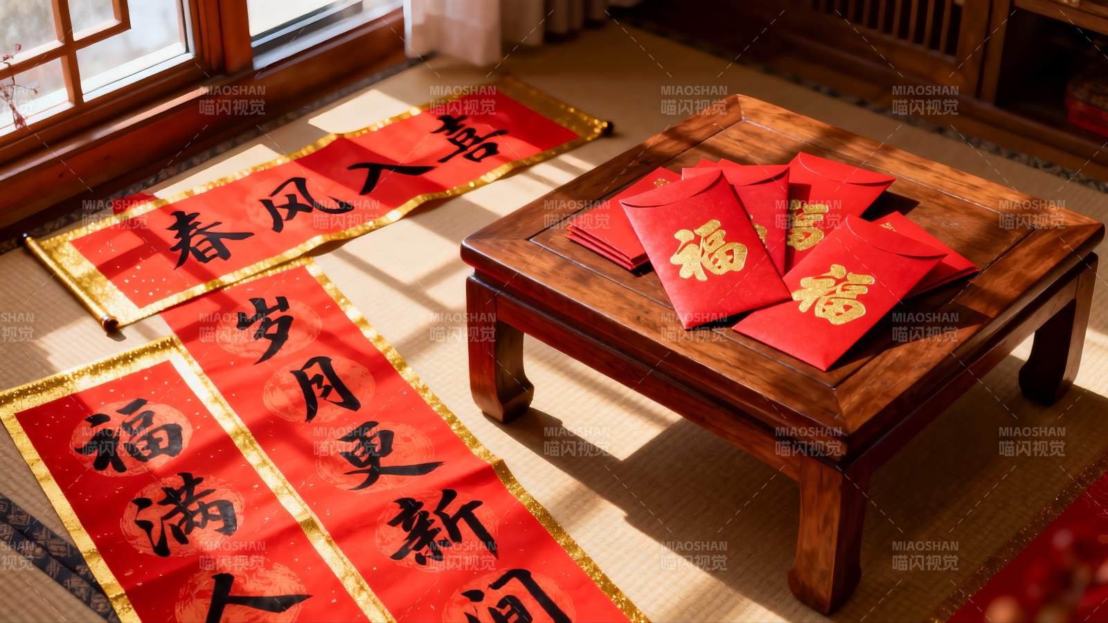 春节室内装饰红纸与红包图片