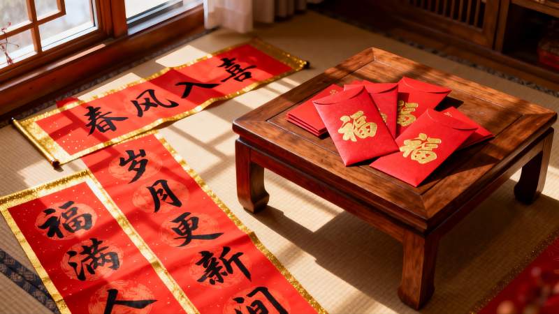 春节室内装饰红纸与红包图片