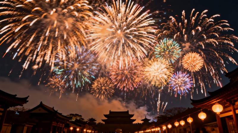 夜空烟花绽放古建筑图片