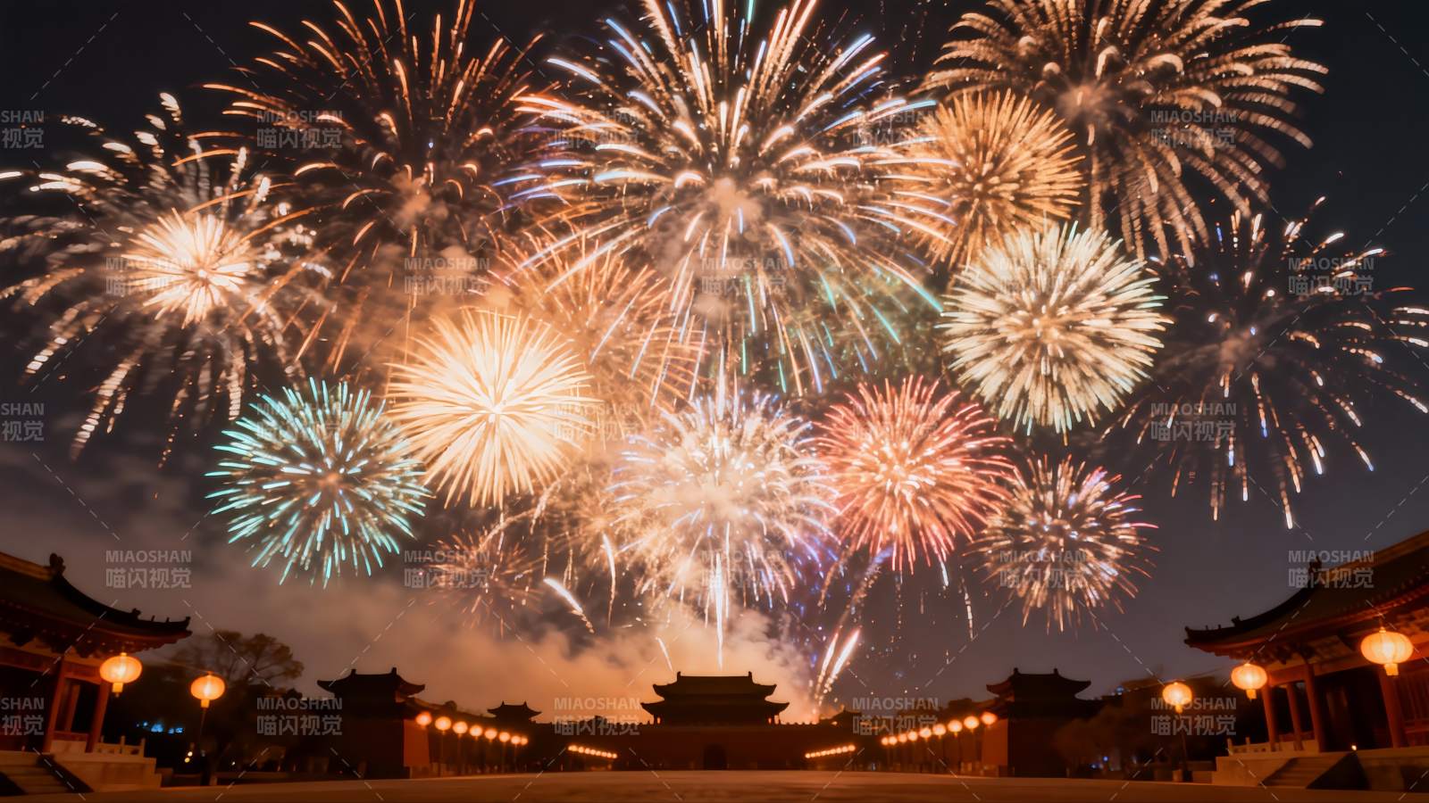 夜空烟花绽放古建筑图片