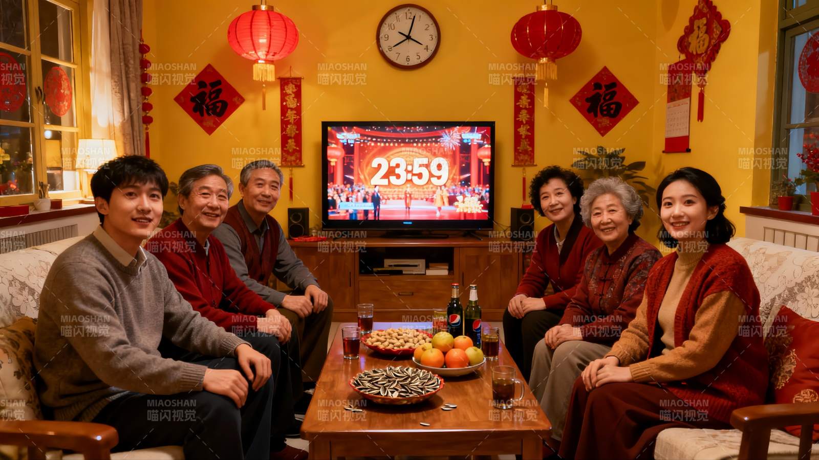 家庭除夕夜团聚观看春晚图片