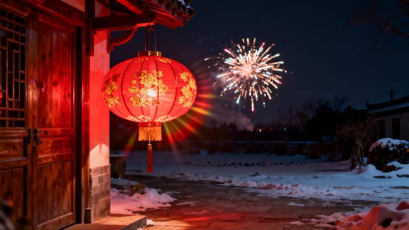 雪夜灯笼烟花绽放图片