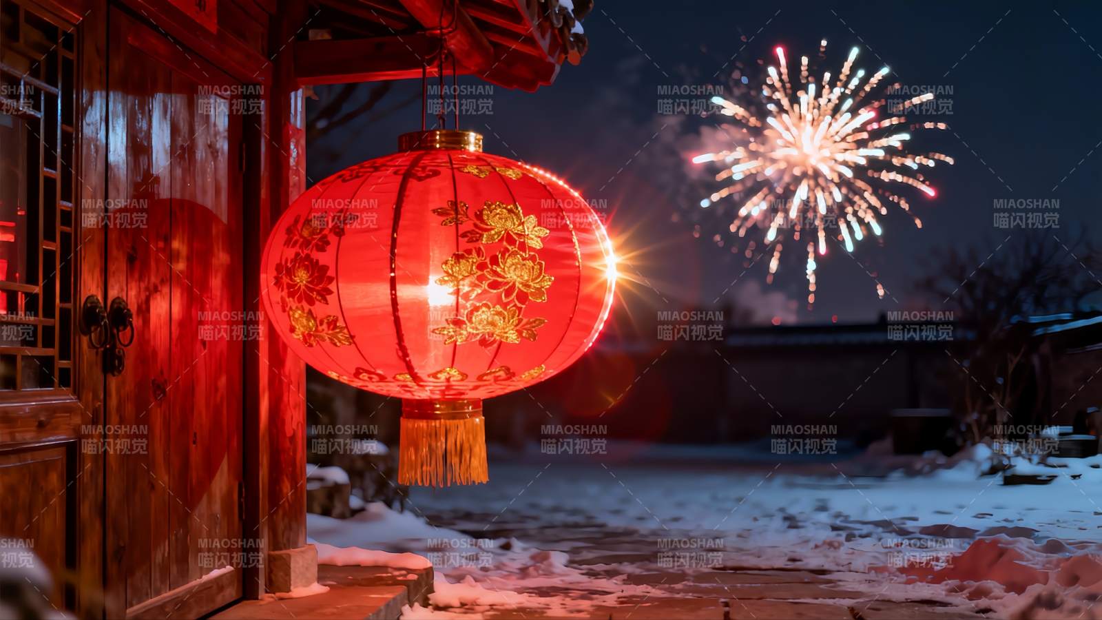 雪夜灯笼烟花绽放图片