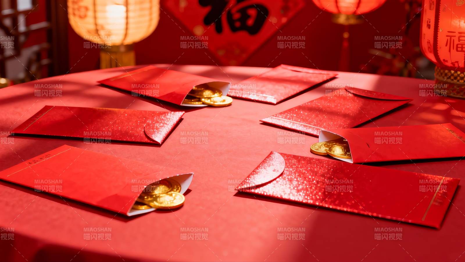 红色红包与金色硬币的节日布置图片