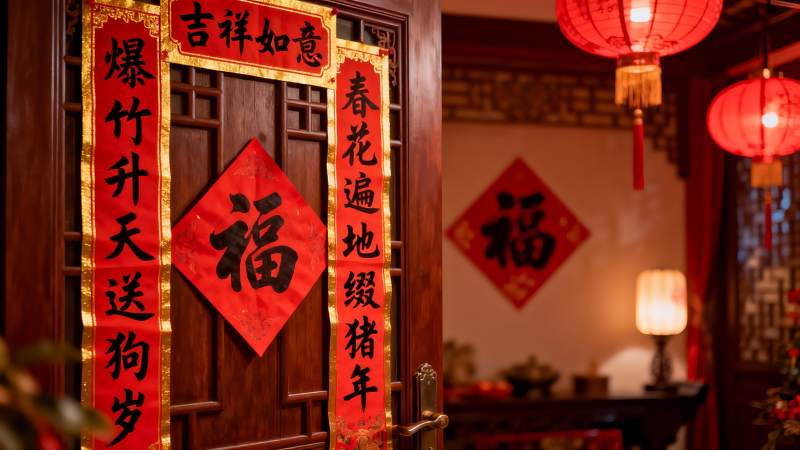 春节门贴福字灯笼装饰图片