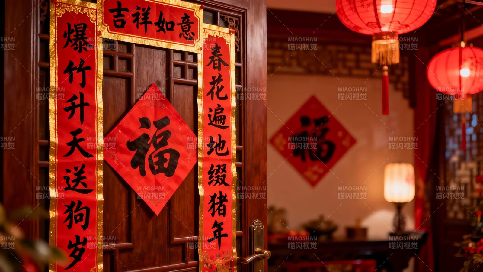 春节门贴福字灯笼装饰图片