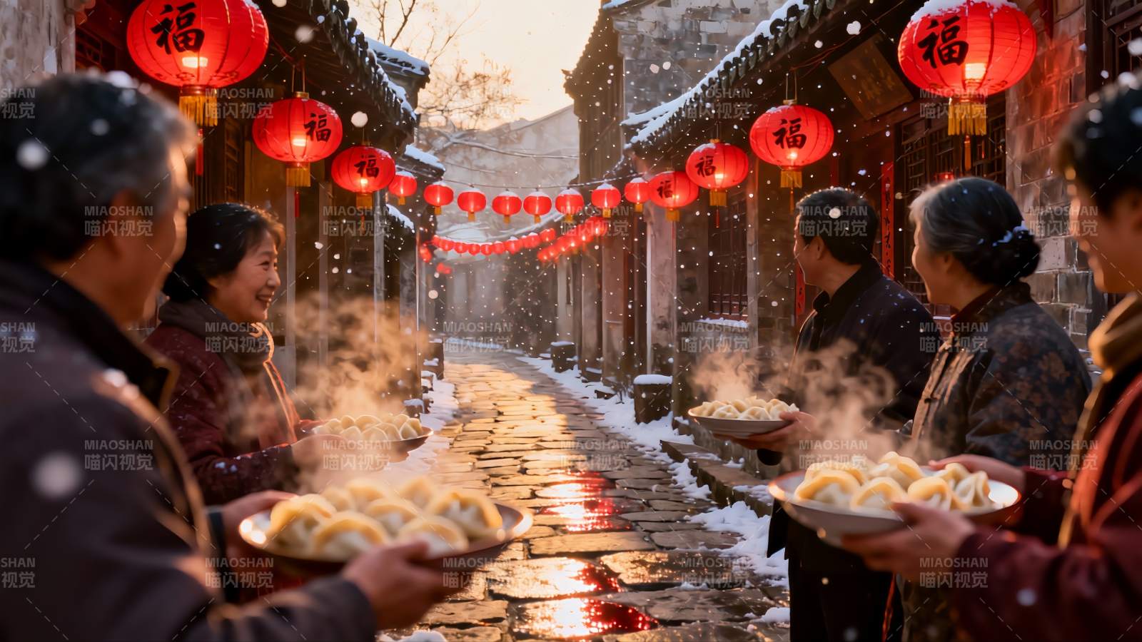雪夜古巷饺子宴图片