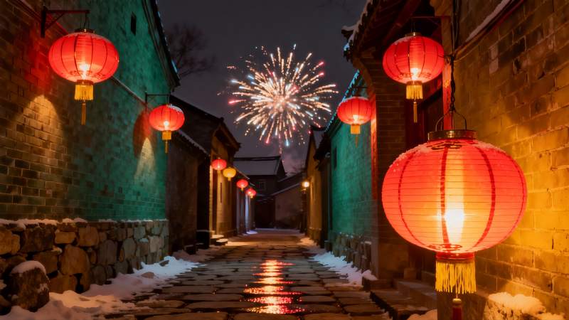 雪夜古巷烟花绽放图片