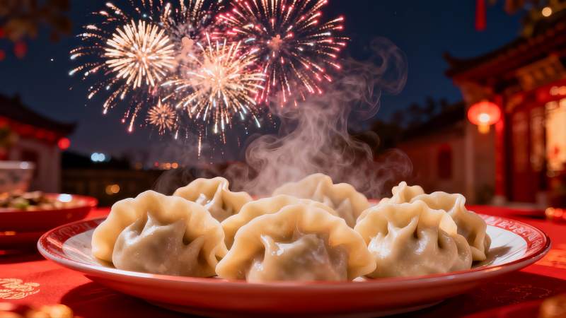 夜空烟花下的热腾饺子图片