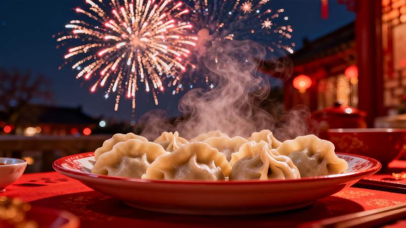 夜景烟花下的热腾腾饺子图片