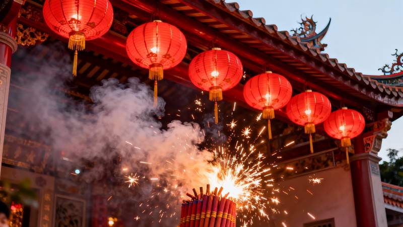 古建筑前烟花绽放红灯笼高挂图片