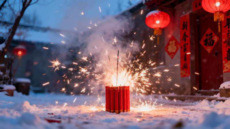 雪地烟花绽放节日氛围浓厚图片