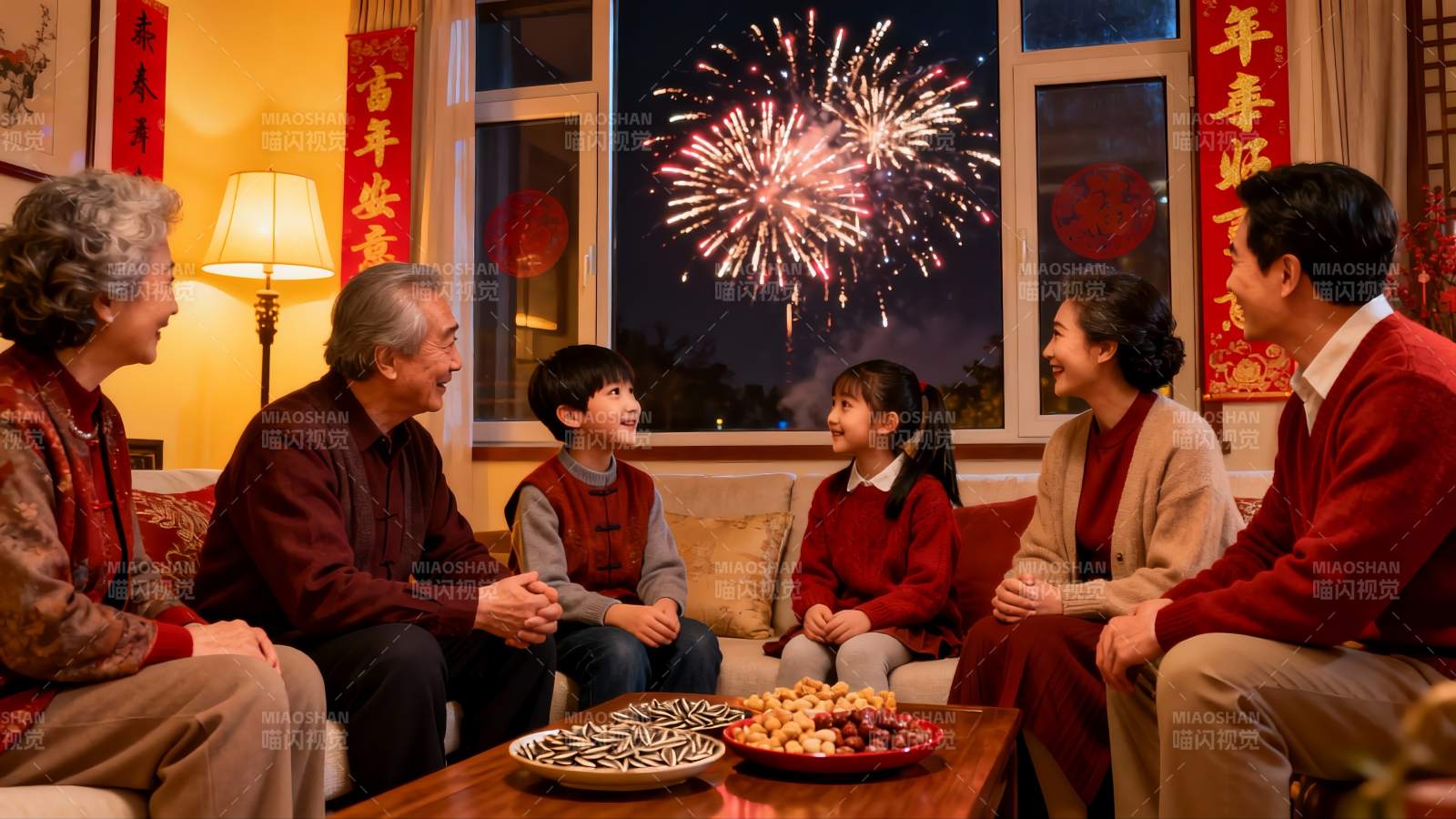 家人围坐赏烟花其乐融融图片