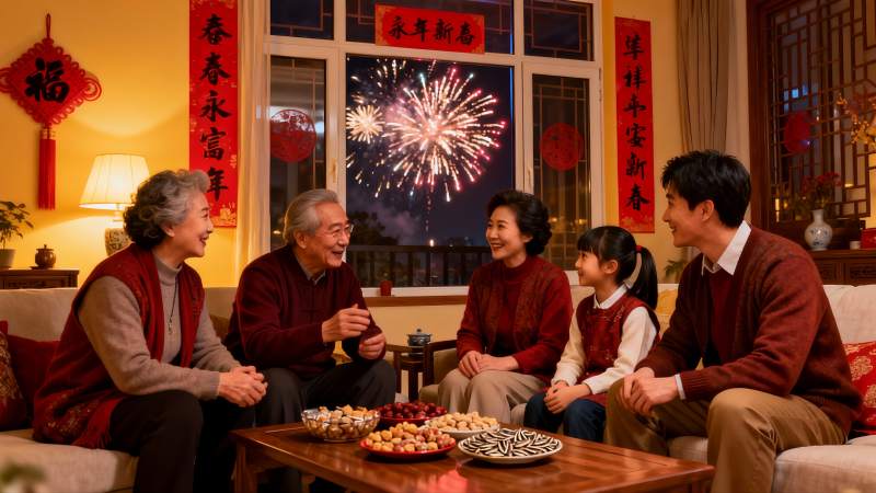 春节家庭团聚看烟花图片