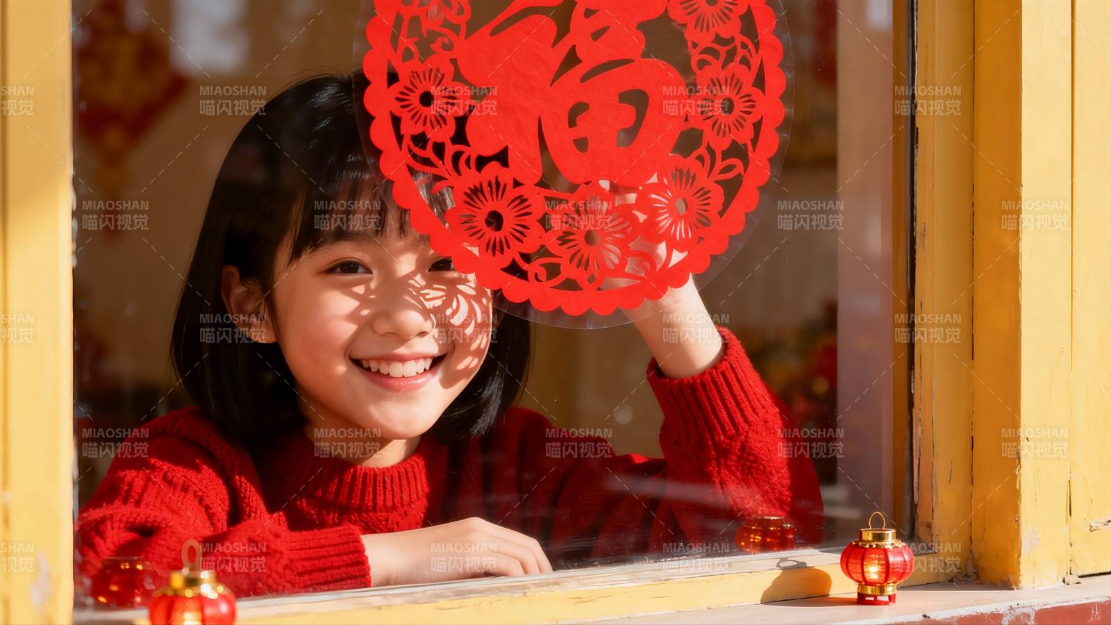 窗边女孩手持红色剪纸福字图片