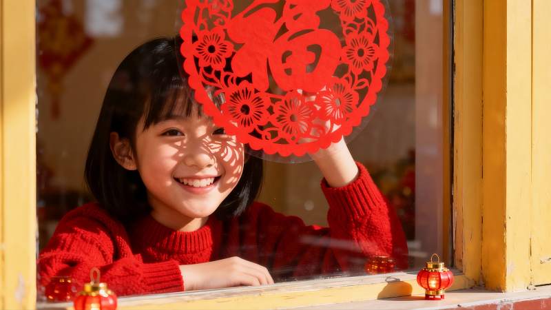 窗边女孩手持红色剪纸福字图片