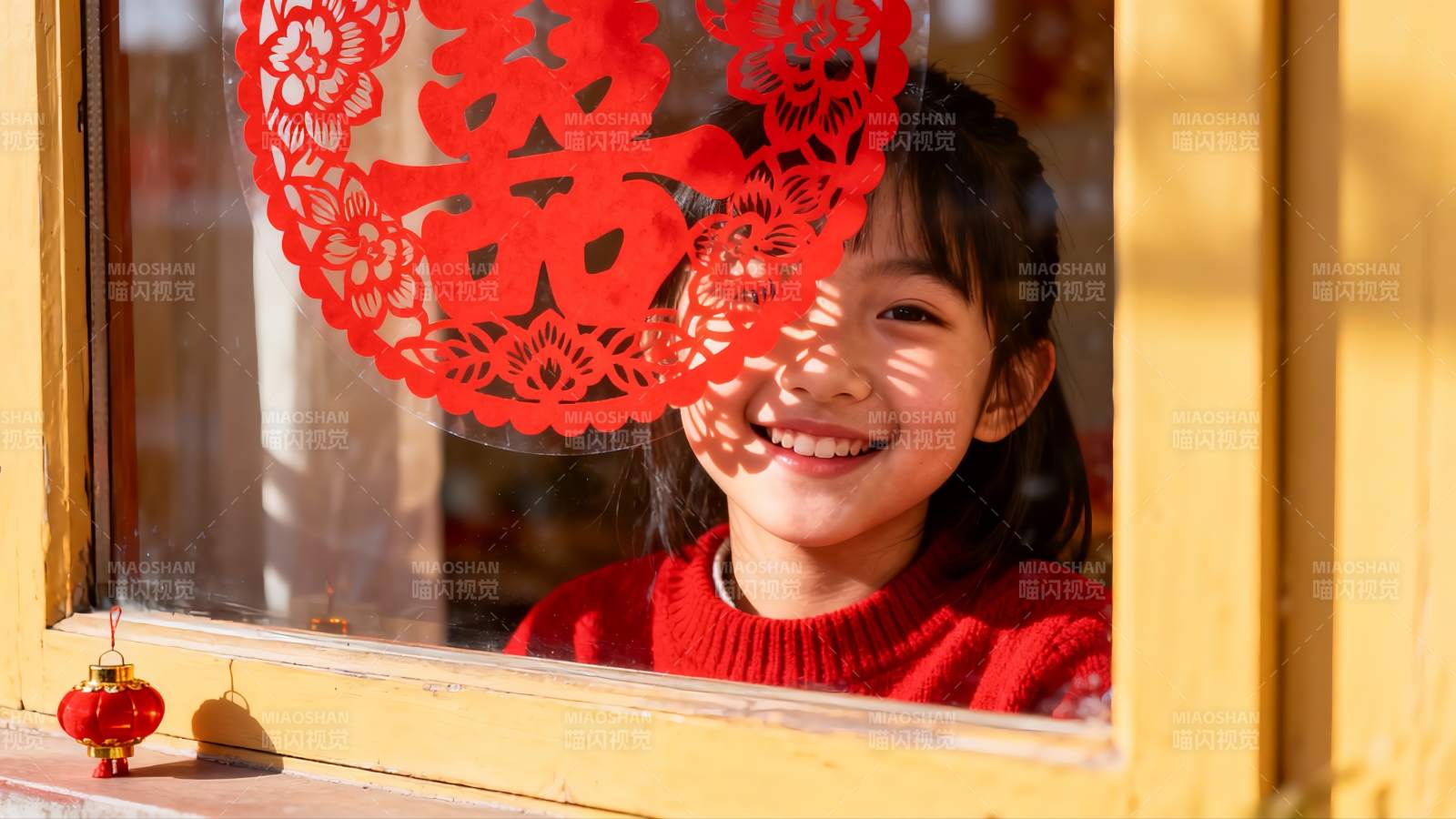 窗边女孩笑对剪纸红灯笼图片