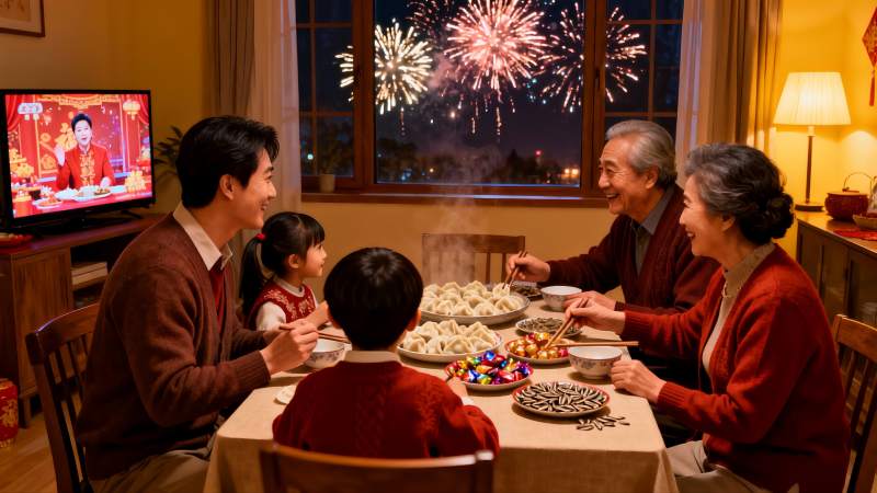 除夕夜家人围坐吃饺子赏烟花图片