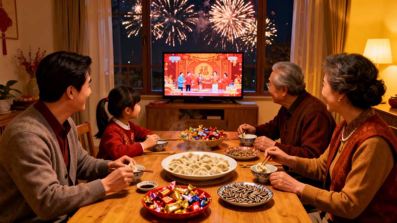 除夕夜家人围坐吃饺子看烟花图片