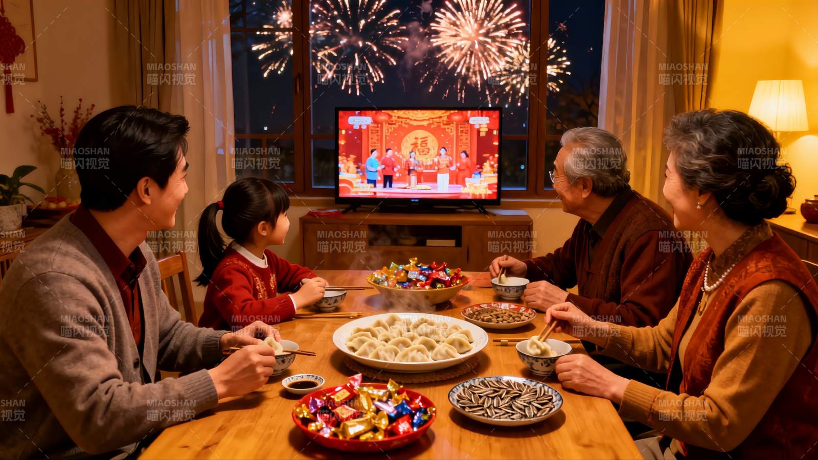 除夕夜家人围坐吃饺子看烟花图片