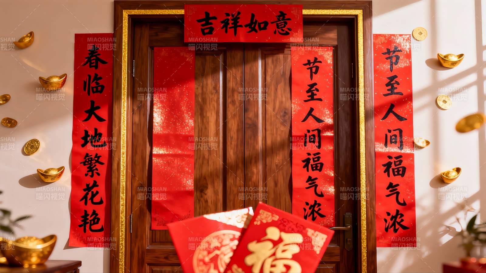 春节门贴对联与福袋装饰图片