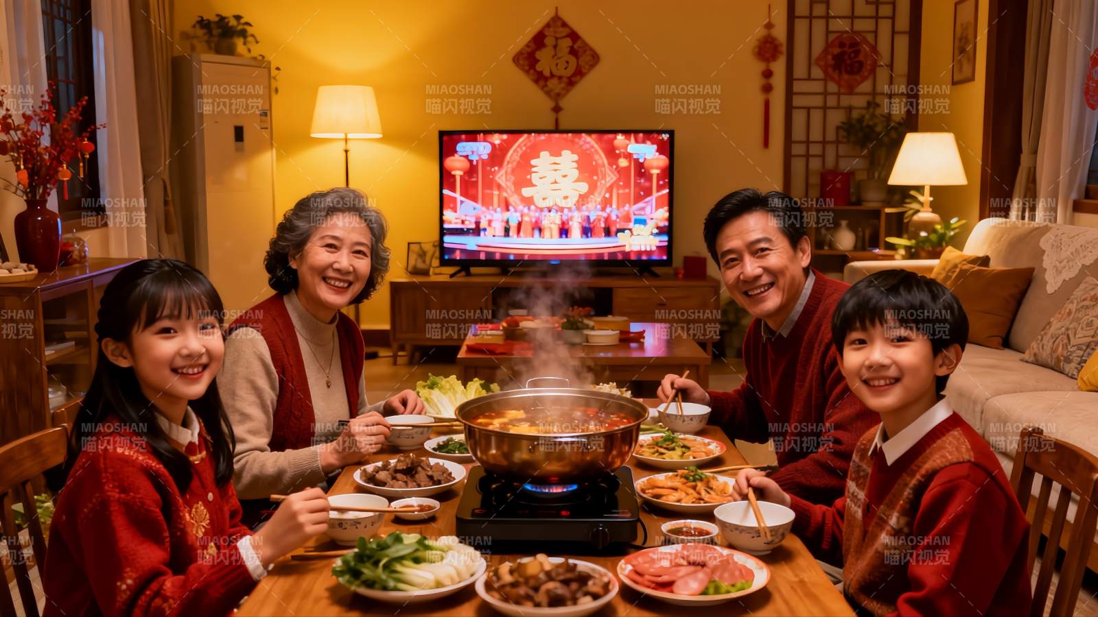 温馨家庭围坐餐桌共享火锅图片